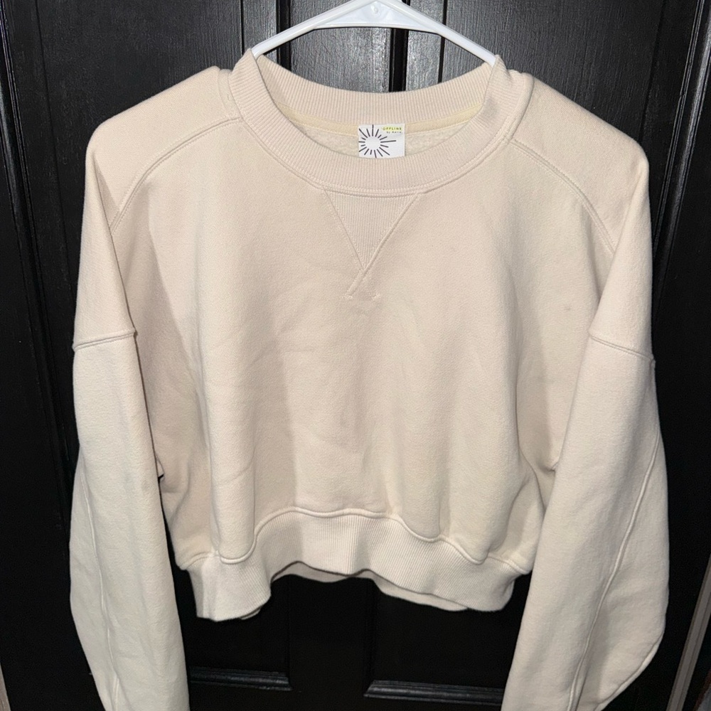 aerie Offline Crewneck Cropped Sweatshirt in Light Beige